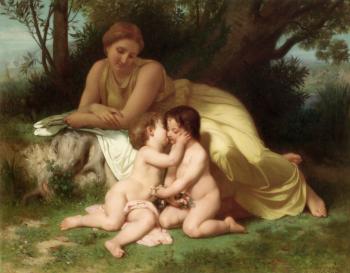 威廉 阿道夫 佈格羅 Jeune femme contemplant deux enfants qui s'embrassent , Young woman contemplating two embracing children